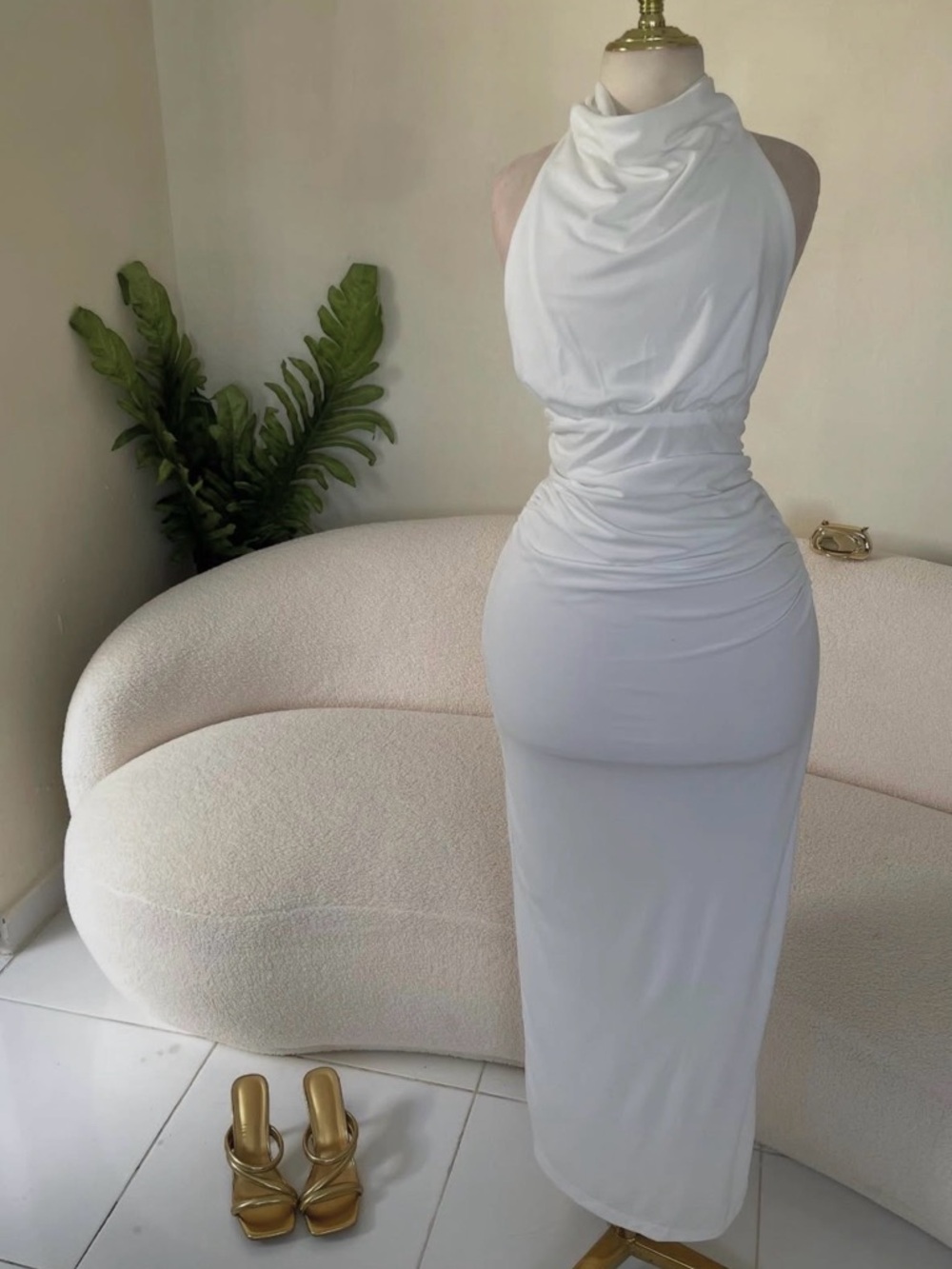 Zara Ivory Halter Cowl Maxi Dress